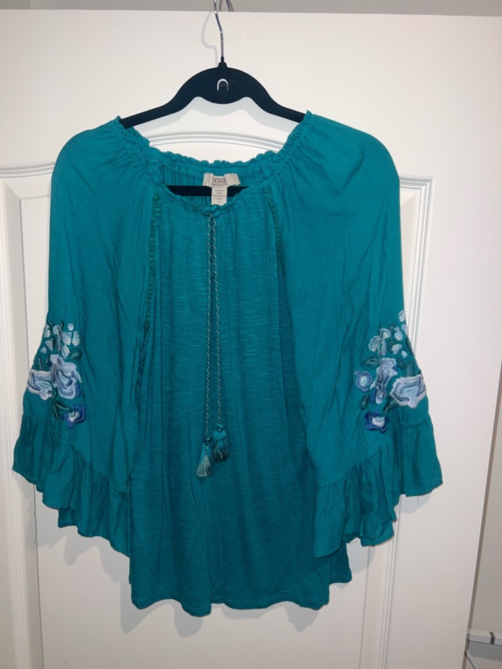 Vintage America embroidered top with tassels blue size small